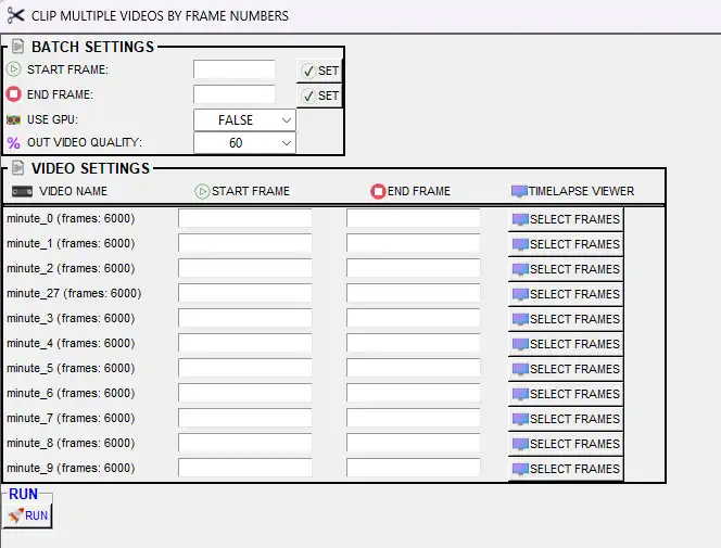 Clip multiple videos by frame numbers