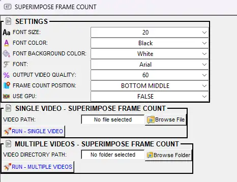 Superimpose frame numbers dialog